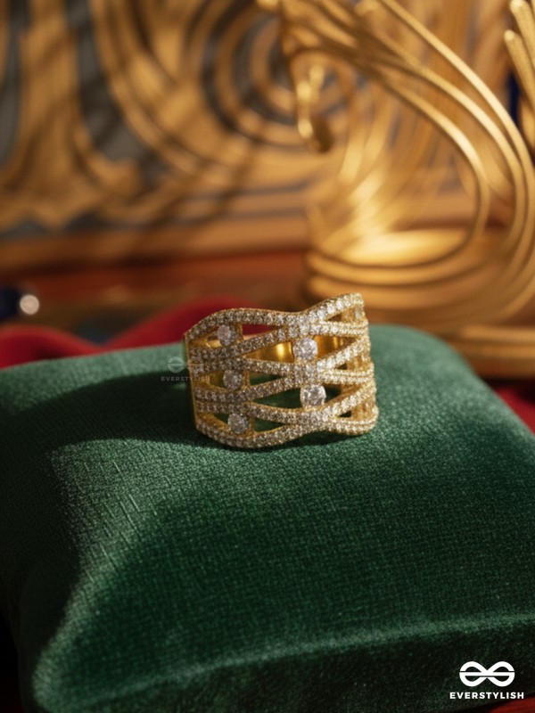 GLARING MAGNIFICENCE - 18K GOLD PLATED ANTI-TARNISH RING INLAID WITH CUBIC ZICRONIA STONES 