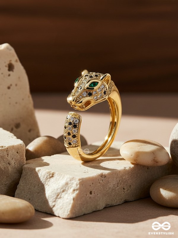 MIDNIGHT PANTHER- 18K GOLD PLATED ANTI-TARNISH EMBELLISHED RING INLAID WITH CUBIC ZICRONIA STONES