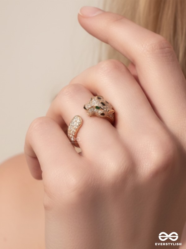 MIDNIGHT PANTHER- 18K GOLD PLATED ANTI-TARNISH EMBELLISHED RING INLAID WITH CUBIC ZICRONIA STONES