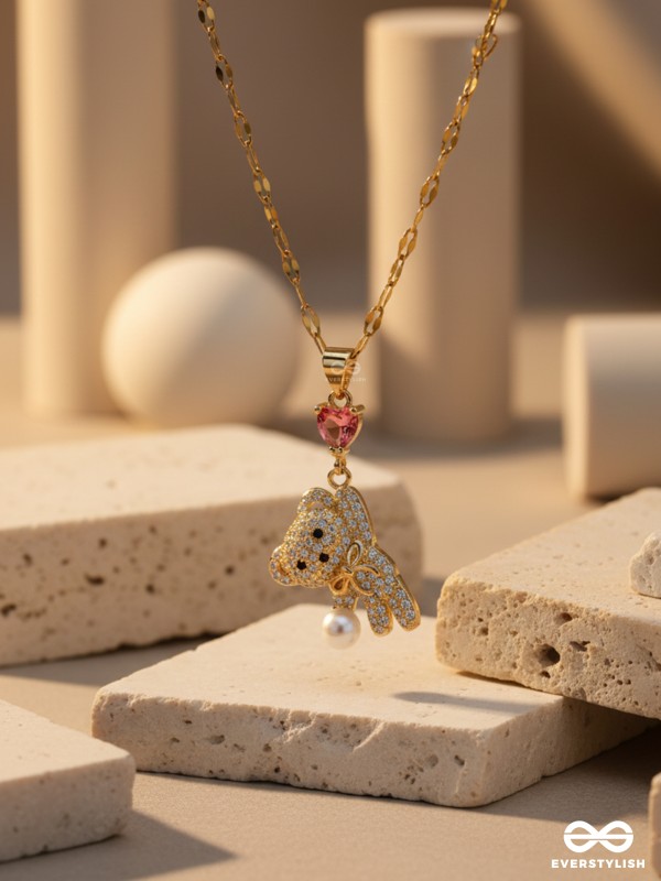 COUTURE TEDDY- 18K GOLD PLATED ANTI-TARNISH TEDDY BEAR SHAPED PENDANT NECKLACE WITH CUBIC ZICRONIA STONES