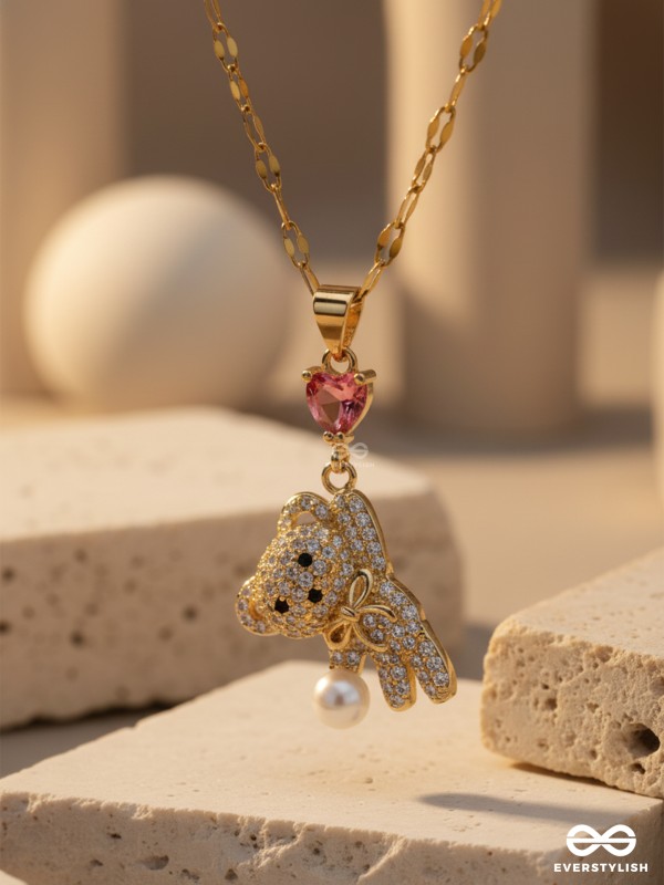 COUTURE TEDDY- 18K GOLD PLATED ANTI-TARNISH TEDDY BEAR SHAPED PENDANT NECKLACE WITH CUBIC ZICRONIA STONES