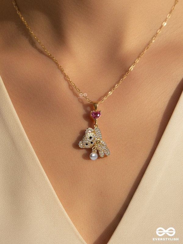 COUTURE TEDDY- 18K GOLD PLATED ANTI-TARNISH TEDDY BEAR SHAPED PENDANT NECKLACE WITH CUBIC ZICRONIA STONES