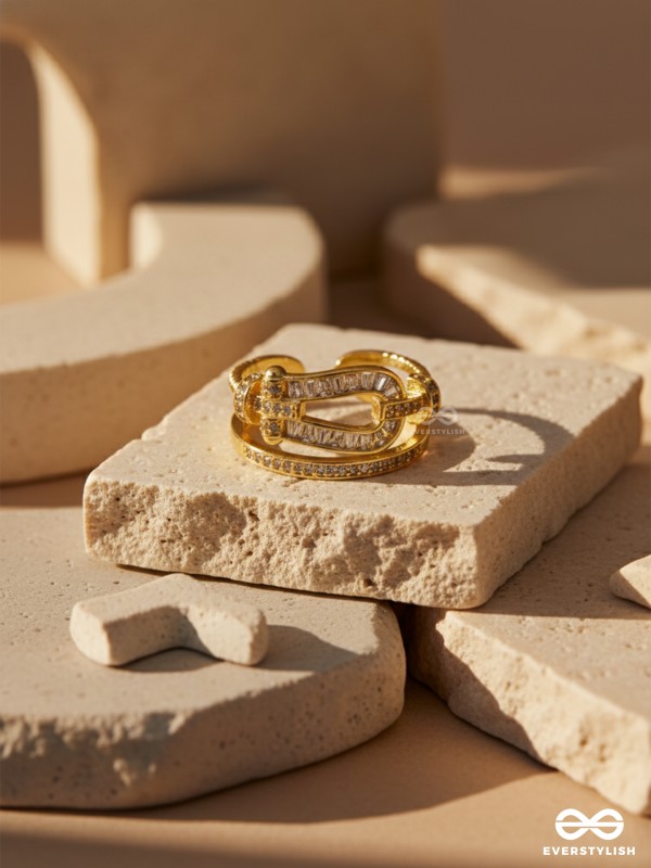 LINKED RADIANCE - 18K GOLD PLATED ANTI-TARNISH INTERLOCKED GOLD RING WITH CUBIC ZICRONIA STONES