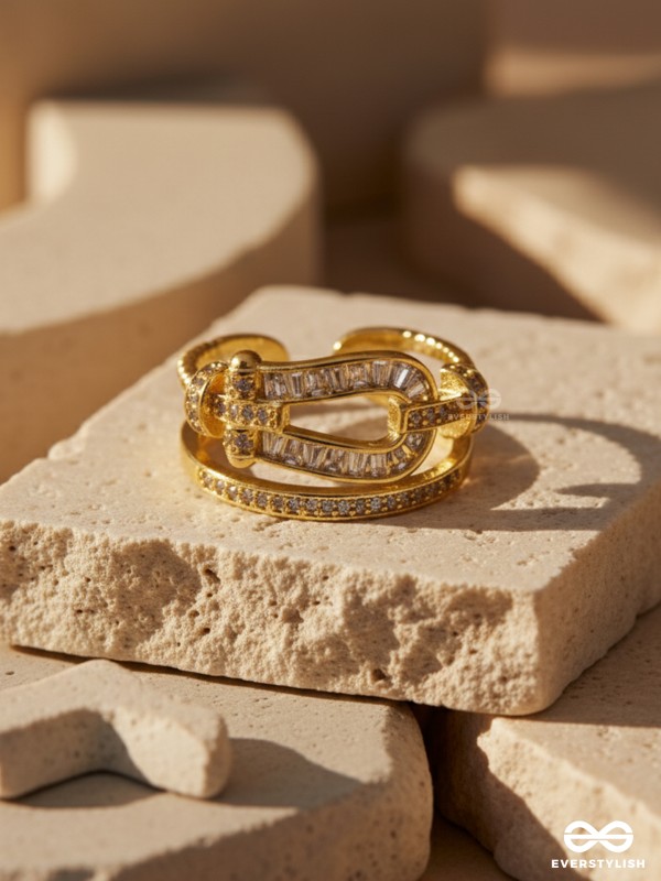 LINKED RADIANCE - 18K GOLD PLATED ANTI-TARNISH INTERLOCKED GOLD RING WITH CUBIC ZICRONIA STONES