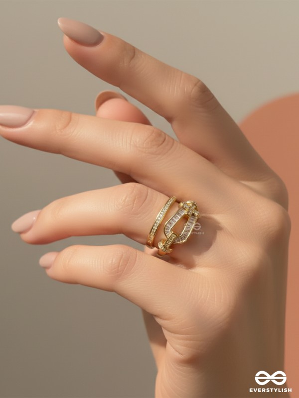 LINKED RADIANCE - 18K GOLD PLATED ANTI-TARNISH INTERLOCKED GOLD RING WITH CUBIC ZICRONIA STONES