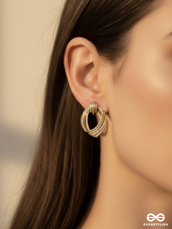 GOLDEN SWIRLS - 18K GOLD PLATED ANTI-TARNISH TEXTURED LUXURY GOLDEN EARRINGS INLAID WITH CUBIC ZICRONIA STONES