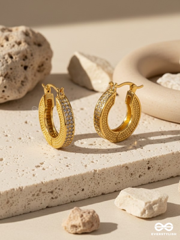 GOLD ALLURE - TEXTURED 18K GOLD PLATED ANTI-TARNISH EARRINGS INLAID WITH CUBIC ZICRONIA STONES