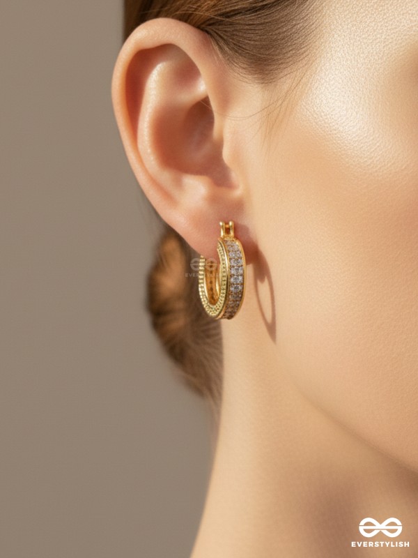 GOLD ALLURE - TEXTURED 18K GOLD PLATED ANTI-TARNISH EARRINGS INLAID WITH CUBIC ZICRONIA STONES