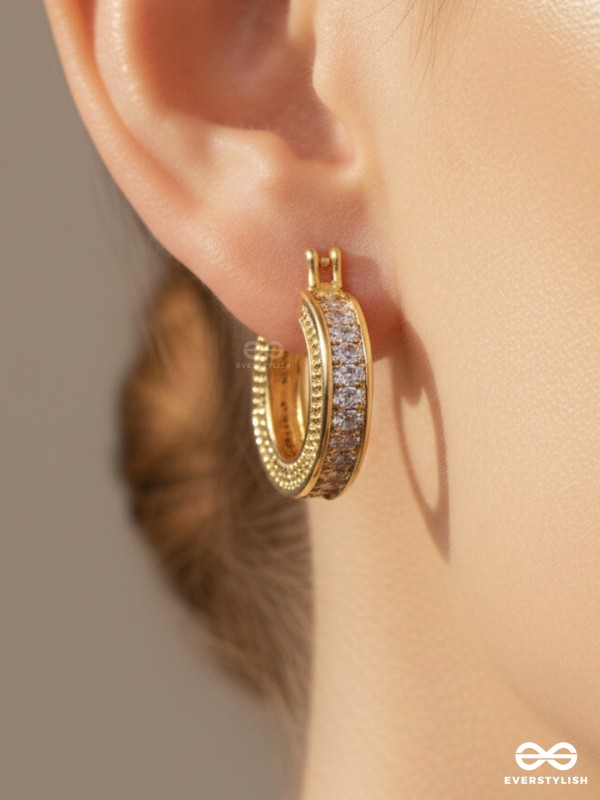 GOLD ALLURE - TEXTURED 18K GOLD PLATED ANTI-TARNISH EARRINGS INLAID WITH CUBIC ZICRONIA STONES