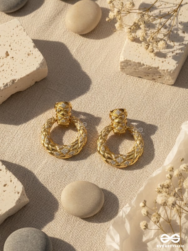 TWISTED GLOW- 18K GOLD PLATED ANTI-TARNISH GOLDEN TEXTURED LUXURY EARRINGS INLAID WITH CUBIC ZICRONIA STONES
