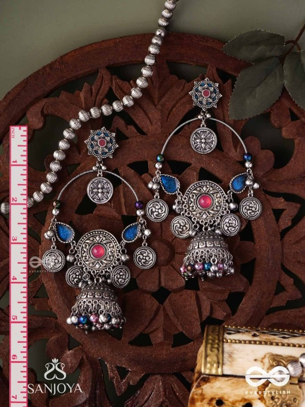 SHUBHRAVILASA- RADIANT GRACE- SILVER TONED EARRINGS, CIRCULAR MOTIFS ADORNED WITH GHUNGROOS AND JHUMKA