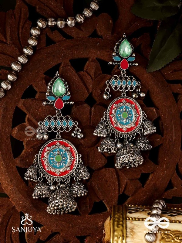  ADITYARATNA-SUN GEM- RADIANT EARRINGS WITH DETAILED METALWORK SET IN PASTEL TONE FEATURING STONE AND JHUMKAS
