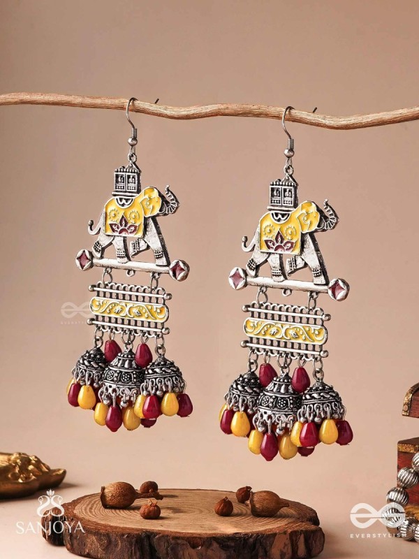  SAMPURNAMANI-COMPLETE JEWEL- ELEPHANT MOTIF EARRINGS ENAMELLED WITH SILVER-TONED METAL, FEATURING JHUMKA AND STONE EMBELLISHMENTS