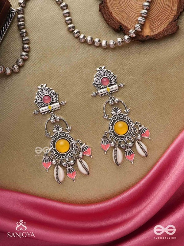 SURYARATNA-SUN GEM-SILVER-TONED EARRINGS ACCENTED WITH DANGLING COWRIE SHELLS AND GHUNGHROO'S