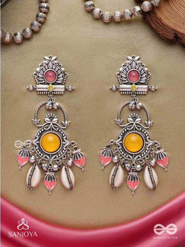  SURYARATNA-SUN GEM-SILVER-TONED EARRINGS ACCENTED WITH DANGLING COWRIE SHELLS AND GHUNGHROO'S
