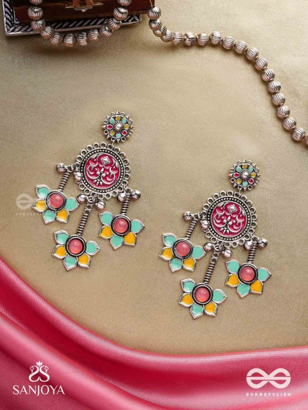  SHAHIPUSHP- ROYAL BLOSSOM- ENAMELLED EARRINGS WITH MULTI COLOURED STONES SET IN SILVER TONED METAL