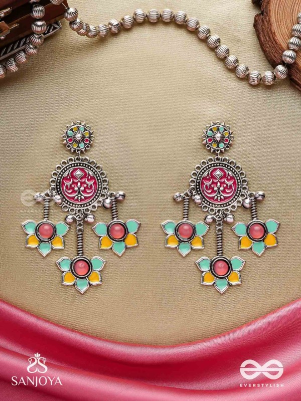  SHAHIPUSHP- ROYAL BLOSSOM- ENAMELLED EARRINGS WITH MULTI COLOURED STONES SET IN SILVER TONED METAL