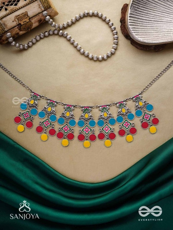 Manjari- Blossom Chain-Slender metallic chain with cascade of enamel designs.