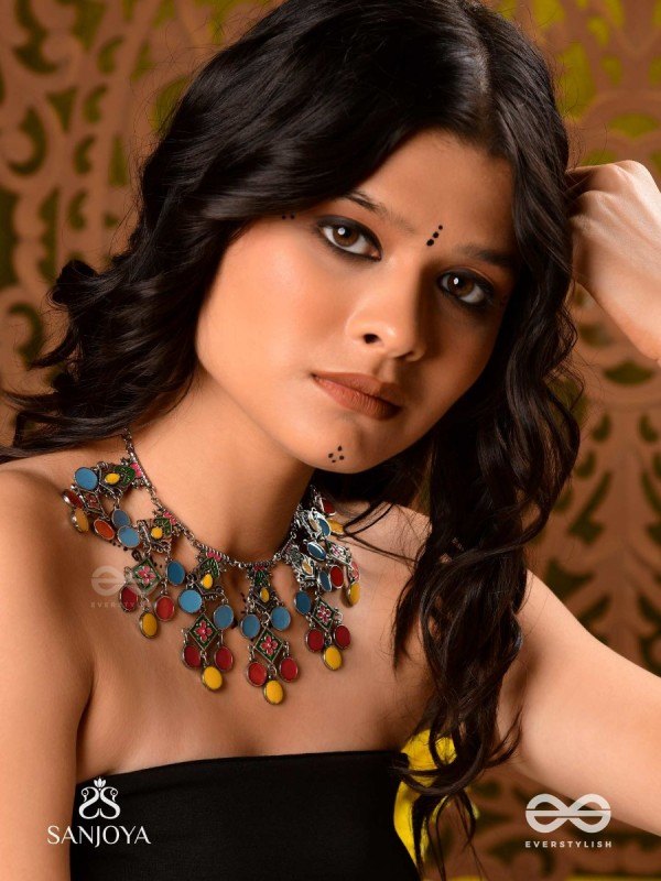 Manjari- Blossom Chain-Slender metallic chain with cascade of enamel designs.