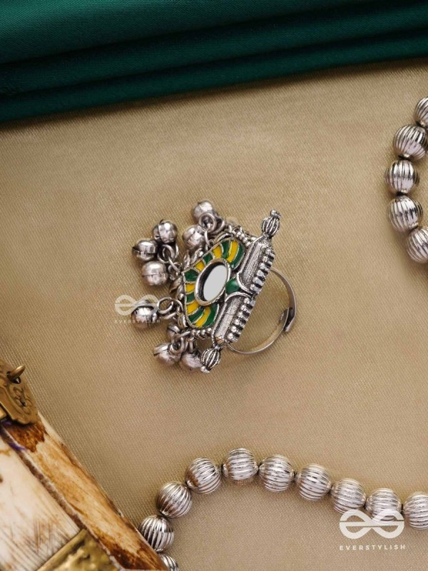 Moss Canopy-  Enamelled Oxidized Adjustable ring  with ghungroos and mirror.