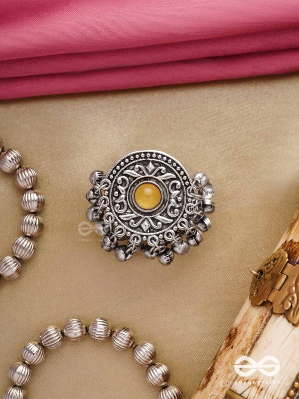 Pitamani-Yellow jewel- oxidized adjustable ring in golden hues with Ghunghroo's.