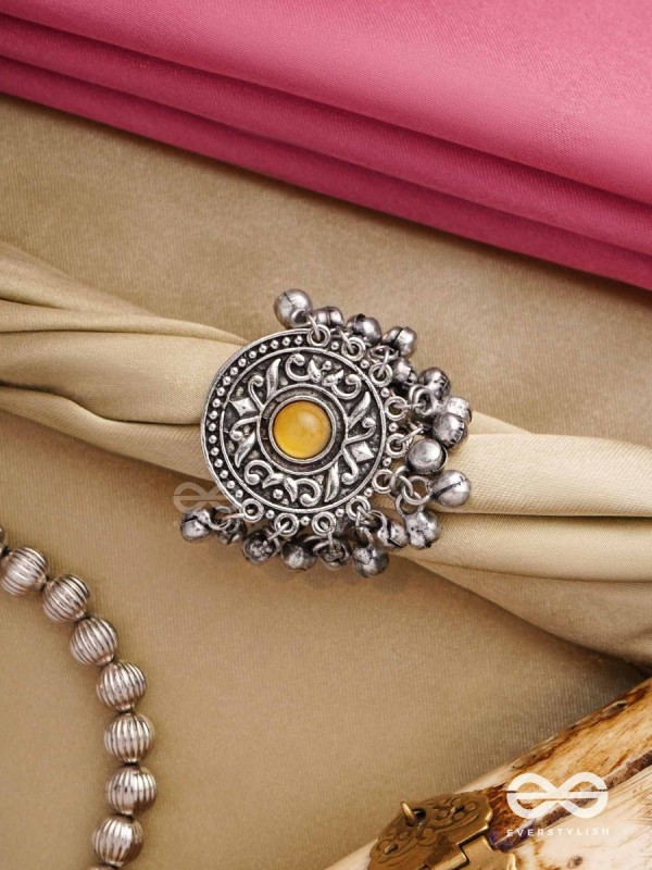 Pitamani-Yellow jewel- oxidized adjustable ring in golden hues with Ghunghroo's.
