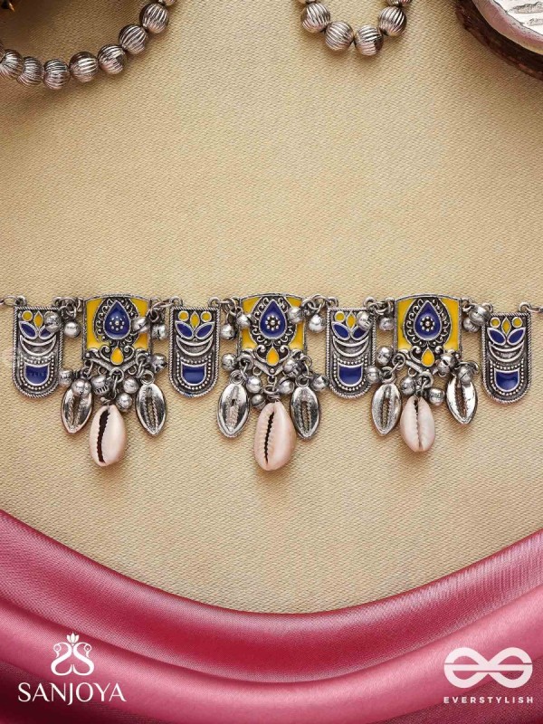 Shankhariti-Conch Elegance- Enamelled Choker neckpiece with pastel motifs with cowrie shells and ghunghroo
