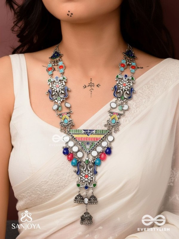 Prema raga- Love colour- Enamelled oxidized neckpiece embellished with beads, mirror and dangling jhumka.