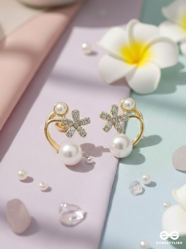 Golden crescent- Pearl studs' golden floral pattern 