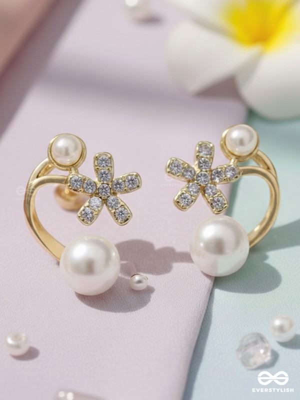 Golden crescent- Pearl studs' golden floral pattern 