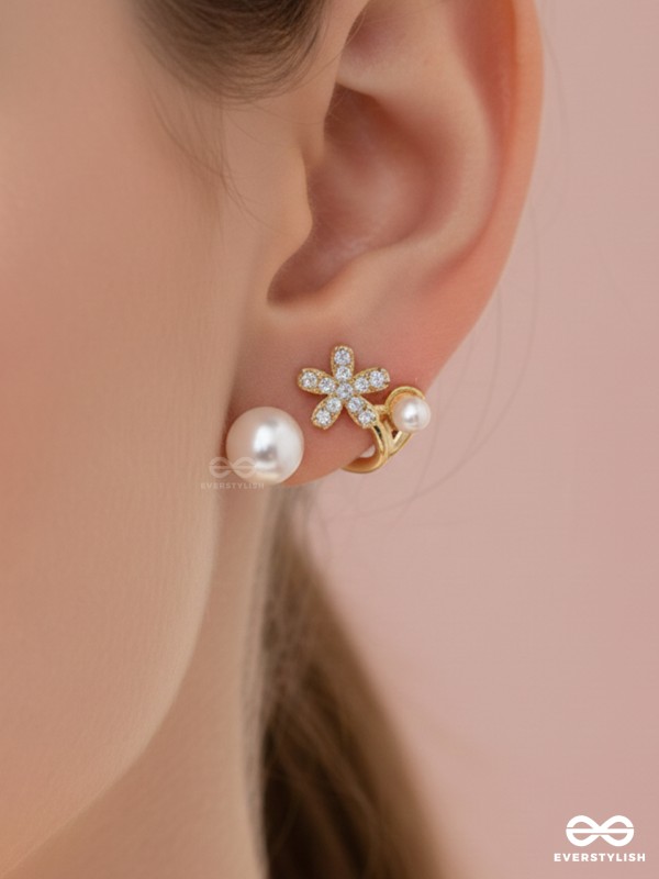 Golden crescent- Pearl studs' golden floral pattern 