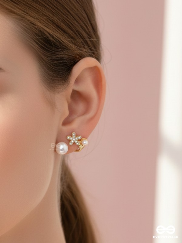Golden crescent- Pearl studs' golden floral pattern 