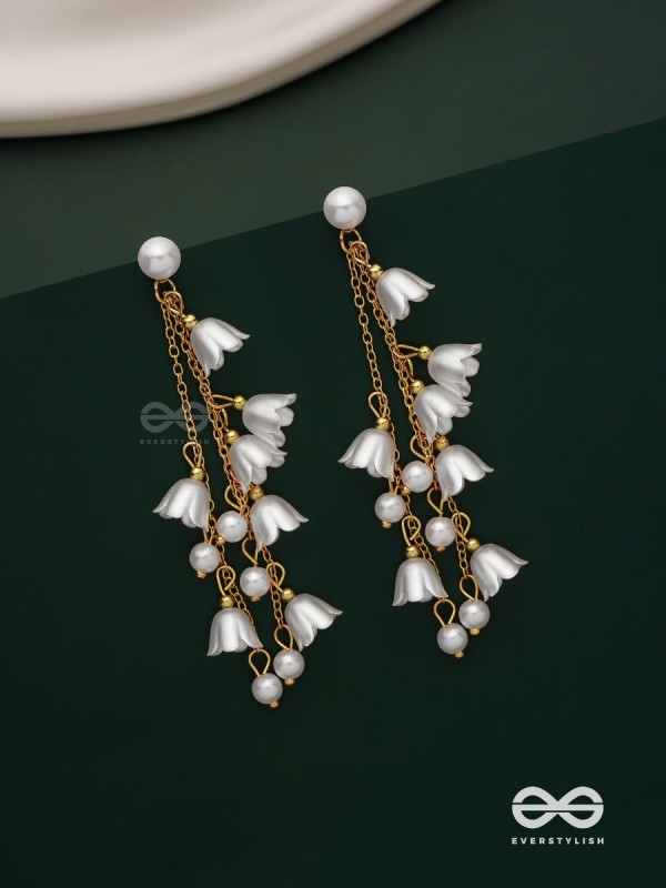 Strings of promise - Metallic dangling white rose earrings  