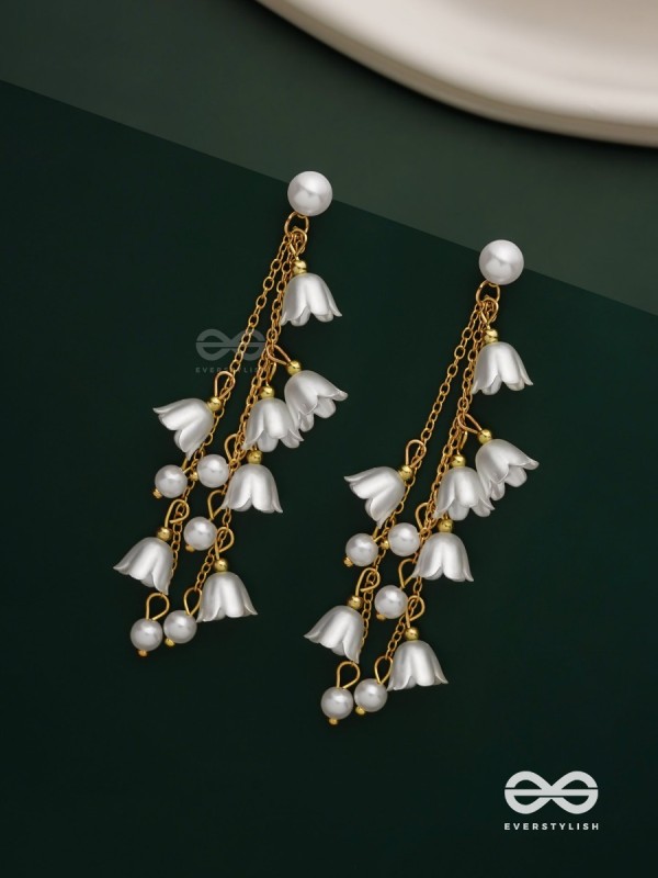 Strings of promise - Metallic dangling white rose earrings  