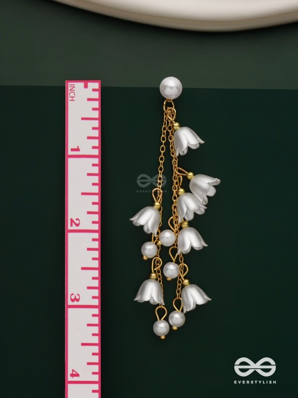 Strings of promise - Metallic dangling white rose earrings  