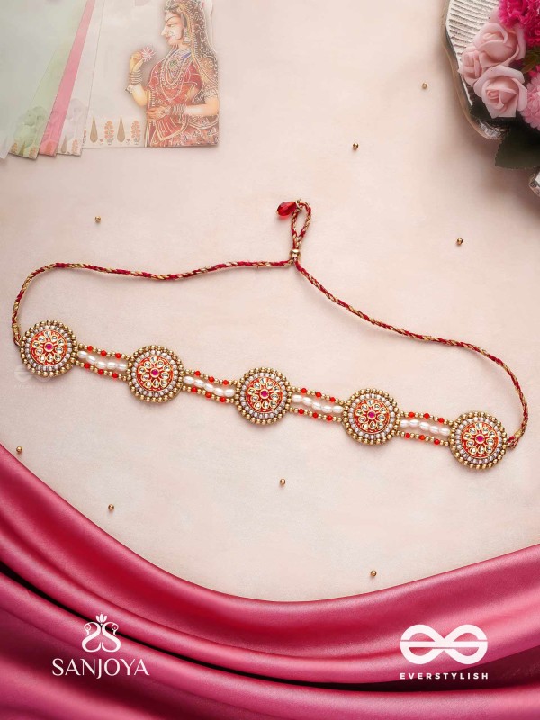KUSUMAVALI - ROW OF FLOWERS - GOLDEN CIRCLES, PEARLS, RED DROPS AND KUNDAN HAND EMBROIDERED MATHAPATTI