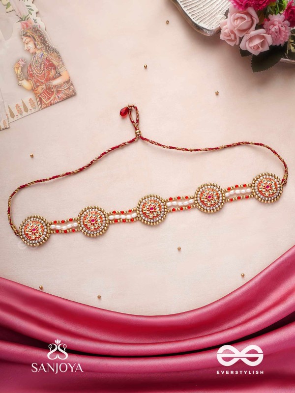 KUSUMAVALI - ROW OF FLOWERS - GOLDEN CIRCLES, PEARLS, RED DROPS AND KUNDAN HAND EMBROIDERED MATHAPATTI
