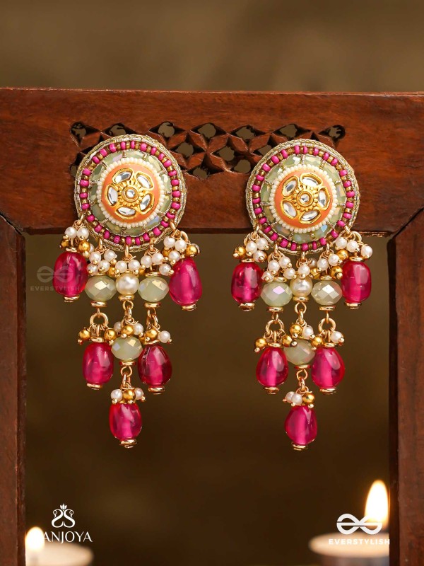 RAKTAKUSUMA- RED FLOWER -  RADIANT RED BEADS AND PEARLS WITH GOLDEN EMBELIISHED EARRINGS