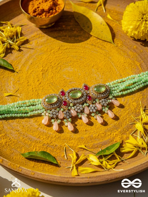 PANKHURI DHARA – SUHANA KHAN INSPIRED NECKPIECE FEATURING CASCADING PINK BEADS AND SPARKLING GEMSTONES