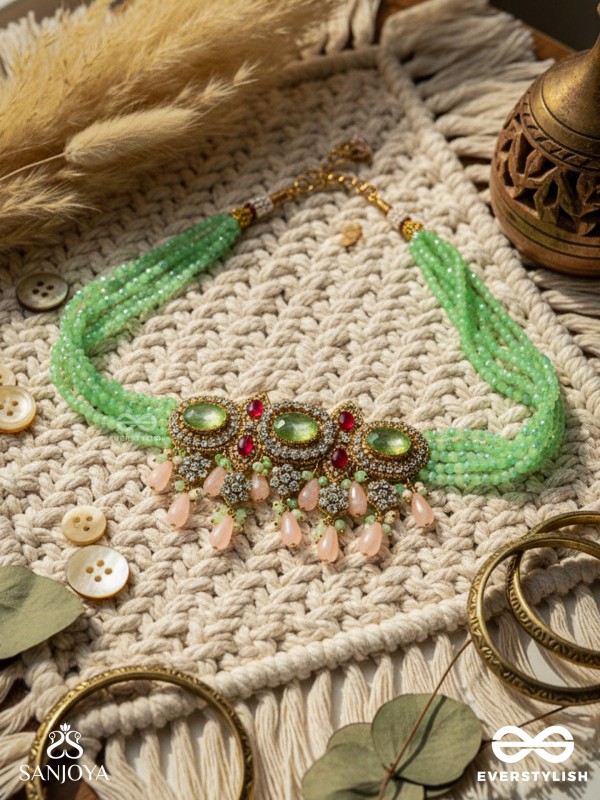 PANKHURI DHARA – SUHANA KHAN INSPIRED NECKPIECE FEATURING CASCADING PINK BEADS AND SPARKLING GEMSTONES