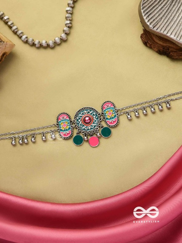 TRIBAL GRACE- ENAMELED OXIDIZED CHOKER WITH GHUNGROO'S