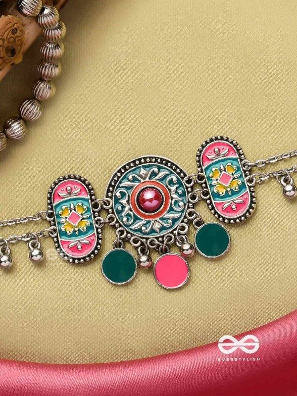 TRIBAL GRACE- ENAMELED OXIDIZED CHOKER WITH GHUNGROO'S