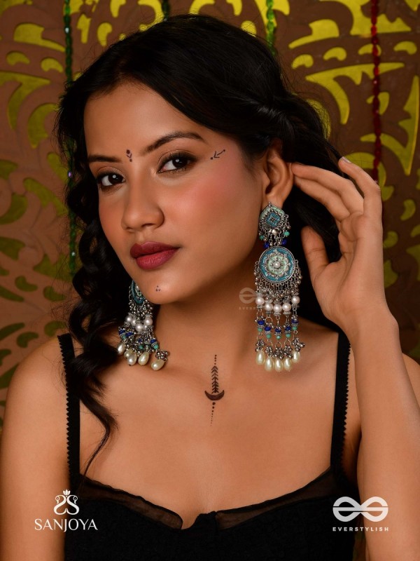 NEELKAMALA – BLUE LOTUS OXIDIZED EARRINGS WITH BLUE BEADS AND INTRICATE WORK, ADORNED WITH PEARLS & GHUNGROO'S
