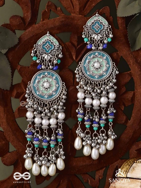 NEELKAMALA – BLUE LOTUS OXIDIZED EARRINGS WITH BLUE BEADS AND INTRICATE WORK, ADORNED WITH PEARLS & GHUNGROO'S