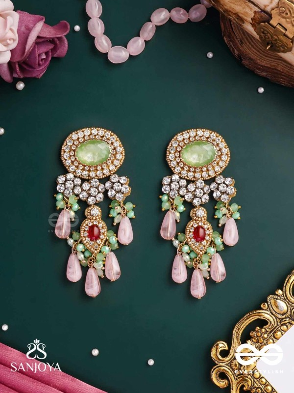 PANKHURI DHARA – SUHANA KHAN INSPIRED EARRINGS FEATURING CASCADING PINK BEADS AND SPARKLING GEMSTONES