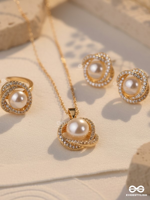 SERENE PEARL- RADIANT PEARLS WITH A TIMELESS RHINESTONE SET WITH NECKPIECE, EARRINGS AND RING