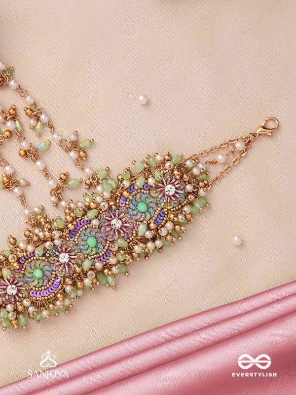 RANGOLIKA - A CANVAS OF COLORS - PEARLS, COLORFUL BEADS AND GOLDEN  HAND EMBROIDERD HATHPHOOL 