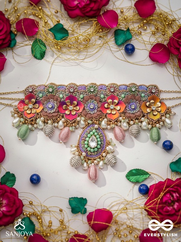 RANGOLIKA - A CANVAS OF COLORS - ENAMEL FLORALS, PEARLS AND BEADS HAND EMBROIDERD CHOKER NECKLACE
