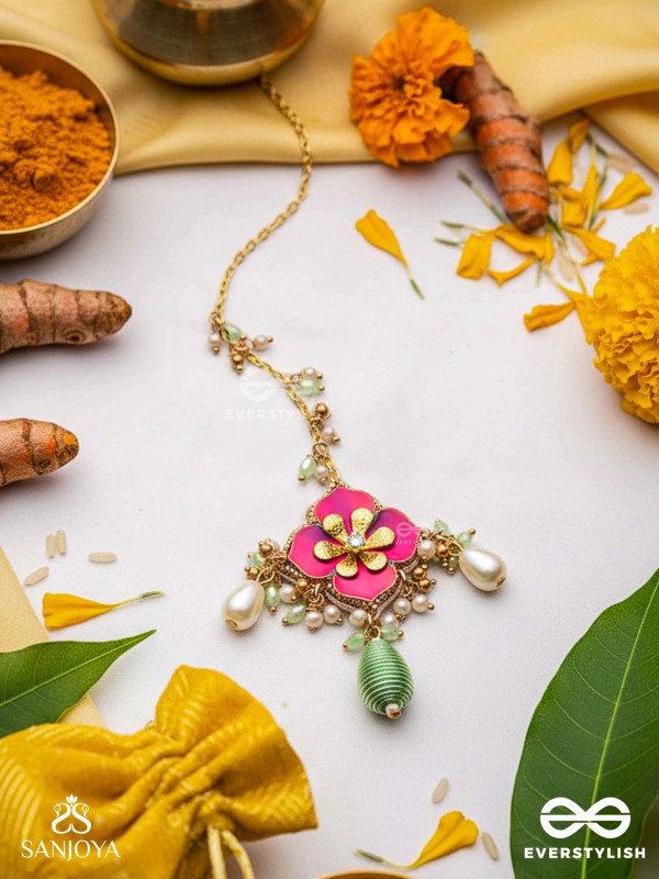 RANGOLIKA - A CANVAS OF COLORS - ENAMEL FLOWER, PEARLS AND GLASS DROPS  HAND EMBROIDERD MAANGTIKA 