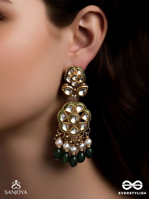 PARNAPRIYA - LOVER OF LEAVES - FLORAL KUNDAN DESIGN WITH GREEN BEADS AND PEARL DROPS  HAND EMBROIDERD EARRINGS 